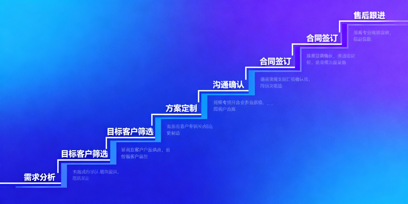 专业商务风格，渐变色背景，阶梯式图表，从下到上依次展示缩短销售周期的六个步骤预览效果