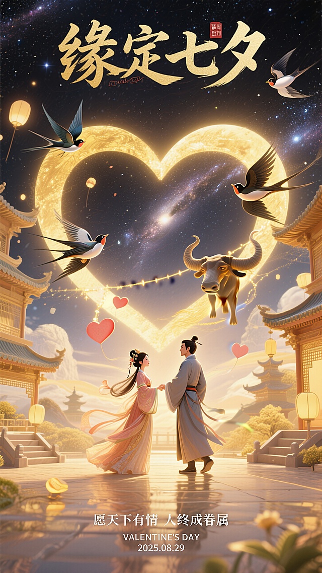 爱心星河、仙牛飞鸟， 情侣相拥