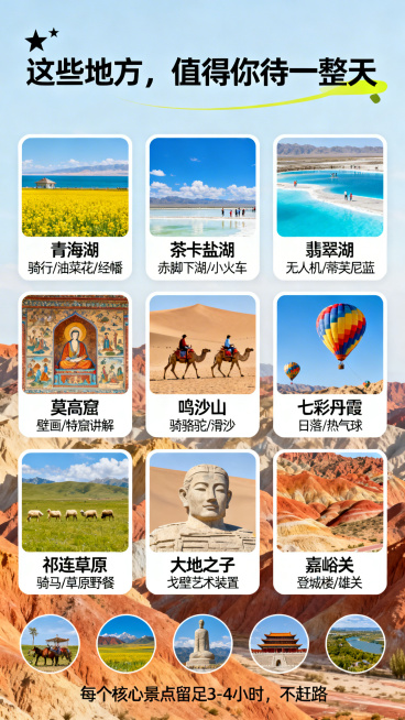 青甘大环线核心景点深度游览介绍页，页面标题“🌟 这些地方，值得你待一整天”，版式为两行三列卡片展示：第一行青海湖：骑行/油菜花/经幡、茶卡盐湖：赤脚下湖/小火车、翡翠湖：无人机/蒂芙尼蓝；第二行莫高预览效果