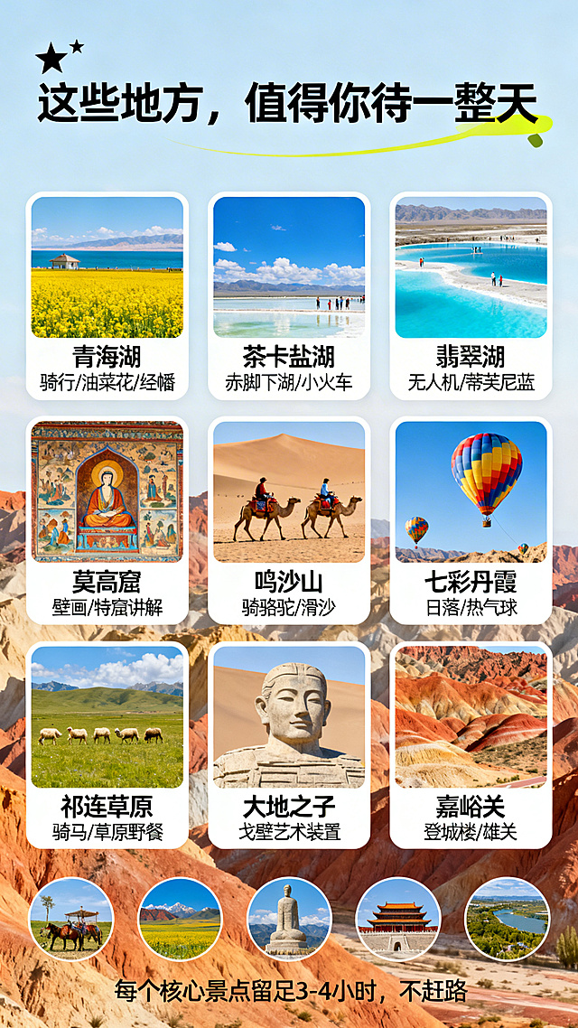 青甘大环线核心景点深度游览介绍页，页面标题“🌟 这些地方，值得你待一整天”，版式为两行三列卡片展示：第一行青海湖：骑行/油菜花/经幡、茶卡盐湖：赤脚下湖/小火车、翡翠湖：无人机/蒂芙尼蓝；第二行莫高窟：壁画/特窟讲解、鸣沙山：骑骆驼/滑沙、七彩丹霞：日落/热气球；第三行祁连草原：骑马/草原野餐、大地之子：戈壁艺术装置、嘉峪关：登城楼/雄关；底部行程理念：每个核心景点留足3-4小时，不赶路；背景搭配7个小圆图拼贴，设计简约整齐