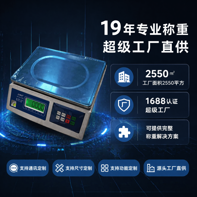 将这张电子秤主图的背景修改为高端深色科技风背景，带有渐变蓝色光效和科技感纹理，整体风格大气时尚有科技感，保留产品和所有文字信息完全不变，产品外观结构颜色不变，文字保持清晰可读不修改。背景使用深灰渐变蓝预览效果