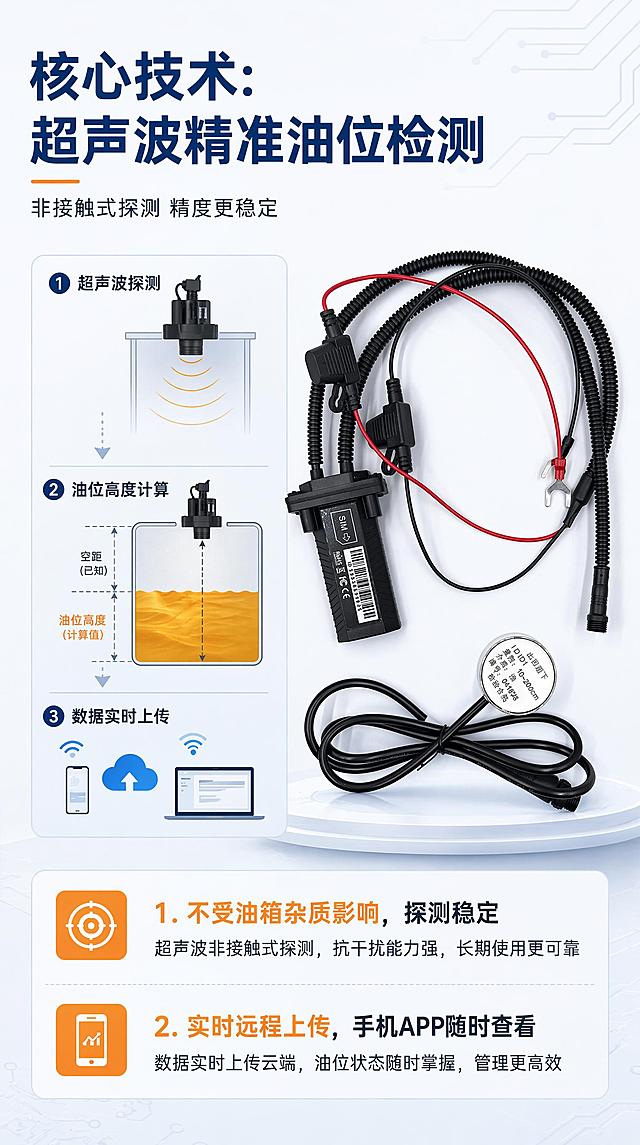 [第4屏] 核心技术页-超声波油位传感工作原理。本屏使用【图2】产品全套展示。
[氛围/风格] 专业科技风，浅灰科技底，机理清晰，可视化原理展示，商业设计质感。
[元素布局] 顶部为大标题区域，中部左侧为原理示意图，右侧放置产品图，下半部分为技术优势分点；产品占比约40%，示意图占比约40%，整体布局均衡，保证产品结构颜色与原图一致。
[光影质感] 均匀布光，示意图线稿清晰，产品细节突出，整体干净通透。
[配色色系] 全局底色 #f5f7fa；主色深蓝标题黑色文字；辅助色橙色高亮技术关键词，浅色背景衬托信息清晰可读。
[视角构图] 上图下文，左示意图右产品的二分构图，排版均衡，阅读动线从上到下清晰流畅。
[文字版式] 顶部大标题「核心技术：超声波精准油位检测」，副标题「非接触式探测 精度更稳定」；中部原理示意图标注「超声波探测→油位高度计算→数据实时上传」，三个步骤可视化；下半部分两个优势点：1. 不受油箱杂质影响，探测稳定；2. 实时远程上传，手机APP随时查看；橙色高亮核心关键词，文字大小适合移动端清晰可读。
[比例分辨率] 宽度750px，高度1334px，9:16竖版比例，4K分辨率，文字清晰可辨，高清画质。
[负向提示词] 产品变形，缺件错件，文字错乱，文字过小，结构错误