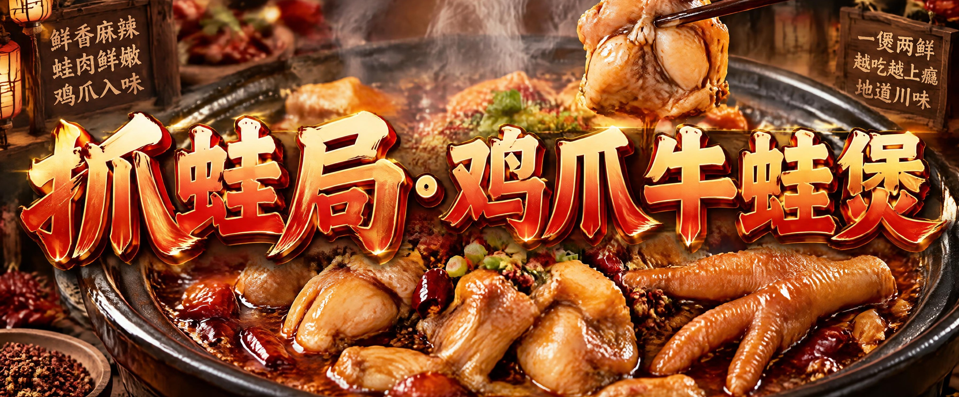 细长横向餐饮海报，画面中央是超大号醒目粗体字“抓蛙局·鸡爪牛蛙… - 图片创意预览