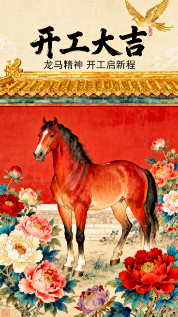 马年开工大吉喜庆海报，国潮工笔风格，色彩艳丽的骏马立于牡丹花丛中，背景是红色宫墙和金色飞檐，上方是书法字体“开工大吉”，下方配“龙马精神 开工启新程”，尽显国风华贵预览效果