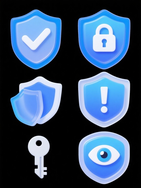 一组六个同风格保护类图标，每个图标都有半透明渐变蓝色盾牌形状，带有清晰的蓝色边框和白色高光效果，盾牌中心分别包含完全不同的白色保护相关符号：第一个是对勾，第二个是锁，第三个是盾牌叠加，第四个是感叹号，第五个是钥匙，第六个是眼睛，所有图标规整排列在纯白色背景上，无文字无logo，保持一致的3D立体效果和光影质感。预览效果
