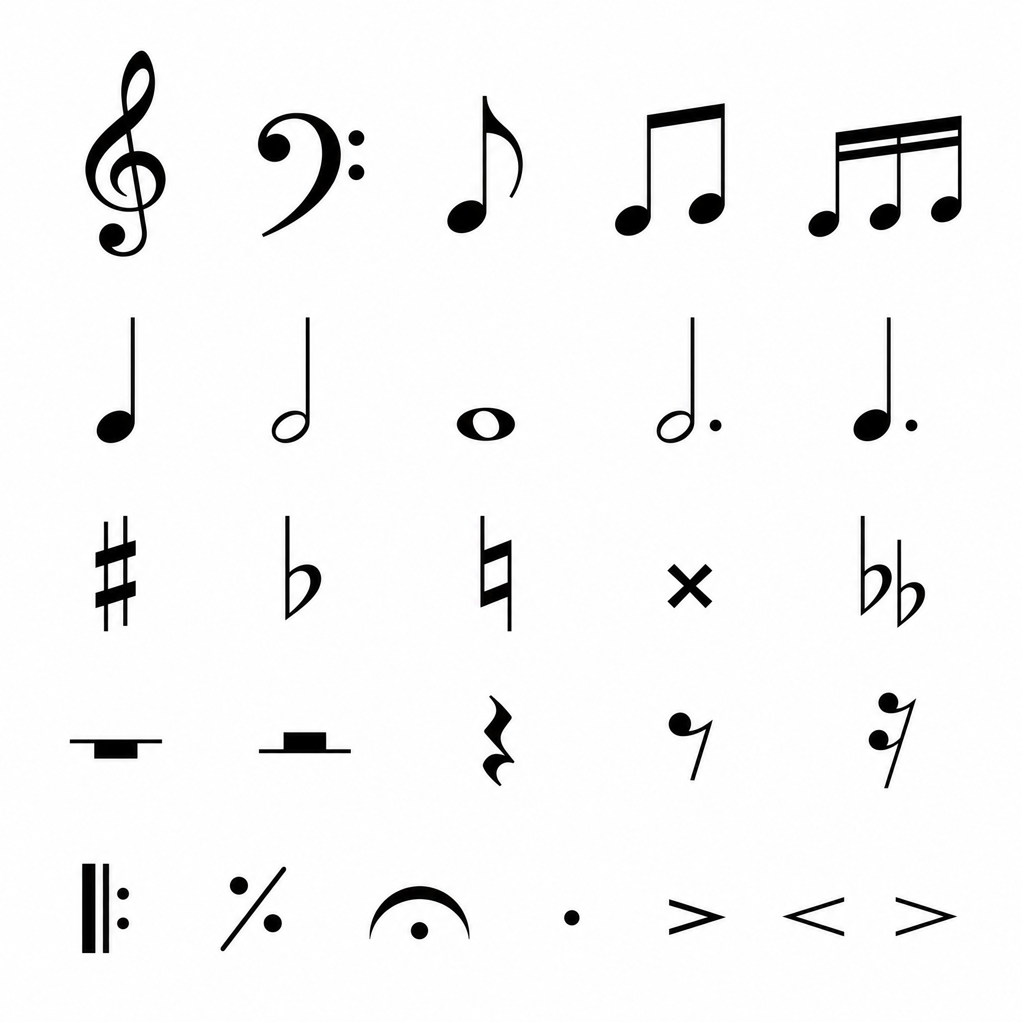 一组音乐符号矢量元素，包含高音谱号、低音谱号、八分音符、四分音… - 图片创意预览
