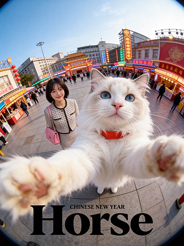 画面底部正中央排版着黑色的粗体小写英文单词“Horse”，字体风格复古且具有设计感，其上方紧随极其微小的无衬线英文“CHINESE NEW YEAR”。画面采用极具冲击力的超广角鱼眼镜头“自拍”视角。前景占据视觉主导的是一只巨大的猫大头特写（猫为图1的猫），它的一只毛茸茸的前爪夸张地伸向镜头边缘，呈现出强烈的透视变形感。猫咪双眼圆睁，瞳孔呈清澈状，直视镜头，面部毛发丝丝分明，胡须挺翘，带橙红围脖，展现出极度逼真的宠物摄影质感，像以猫咪自拍角度进行拍摄。背景中清晰可见一位亚洲女性（图2的人），身穿小香风套装，背粉色包包，面部表情微笑，与前景淡定的真猫形成极具幽默感的互动反差。背景环境是热闹的广场上，旁边有许多闪着彩灯的商铺。整体光影为自然日光，色彩鲜艳，兼具时尚杂志大片与趣味网络迷因（Meme）的视觉风格，8K超高清画质，极致的清晰。