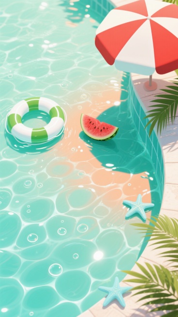夏日主题插画，俯视角展现波光粼粼的泳池水面，整体色调调整为清新明快的薄荷绿与珊瑚橙渐变，水面纹理改为带有细腻气泡和阳光折射光斑的光滑质感，画面左侧漂浮着白绿相间的救生圈，右上角有一把红白条纹遮阳伞，中央偏右位置放置一块切开的西瓜，右下角有一只浅蓝色海星，右侧边缘点缀几片翠绿的棕榈叶，光线明亮柔和，营造出轻松愉悦的夏日度假氛围，色彩和谐统一，视觉元素布局均衡，充满夏日活力与清凉感。预览效果