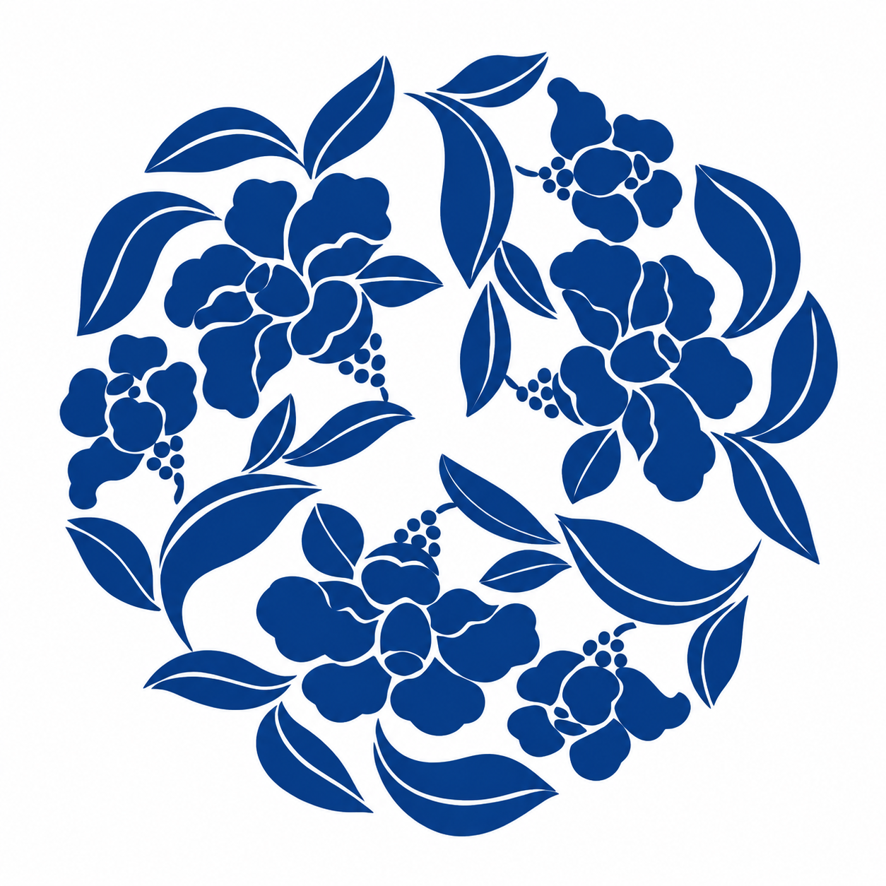 参考图中的青花瓷风格圆形花卉团纹图案，深蓝色花朵和叶子组成圆形… - 图片创意预览