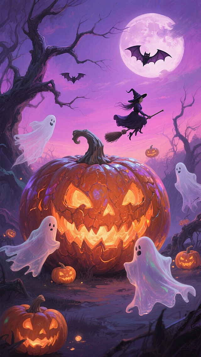 主体是巨型发光南瓜灯，周围环绕多个幽灵、女巫、小南瓜灯等元素，背景是紫粉色渐变的月夜，点缀蝙蝠和枯树，神秘氛围。