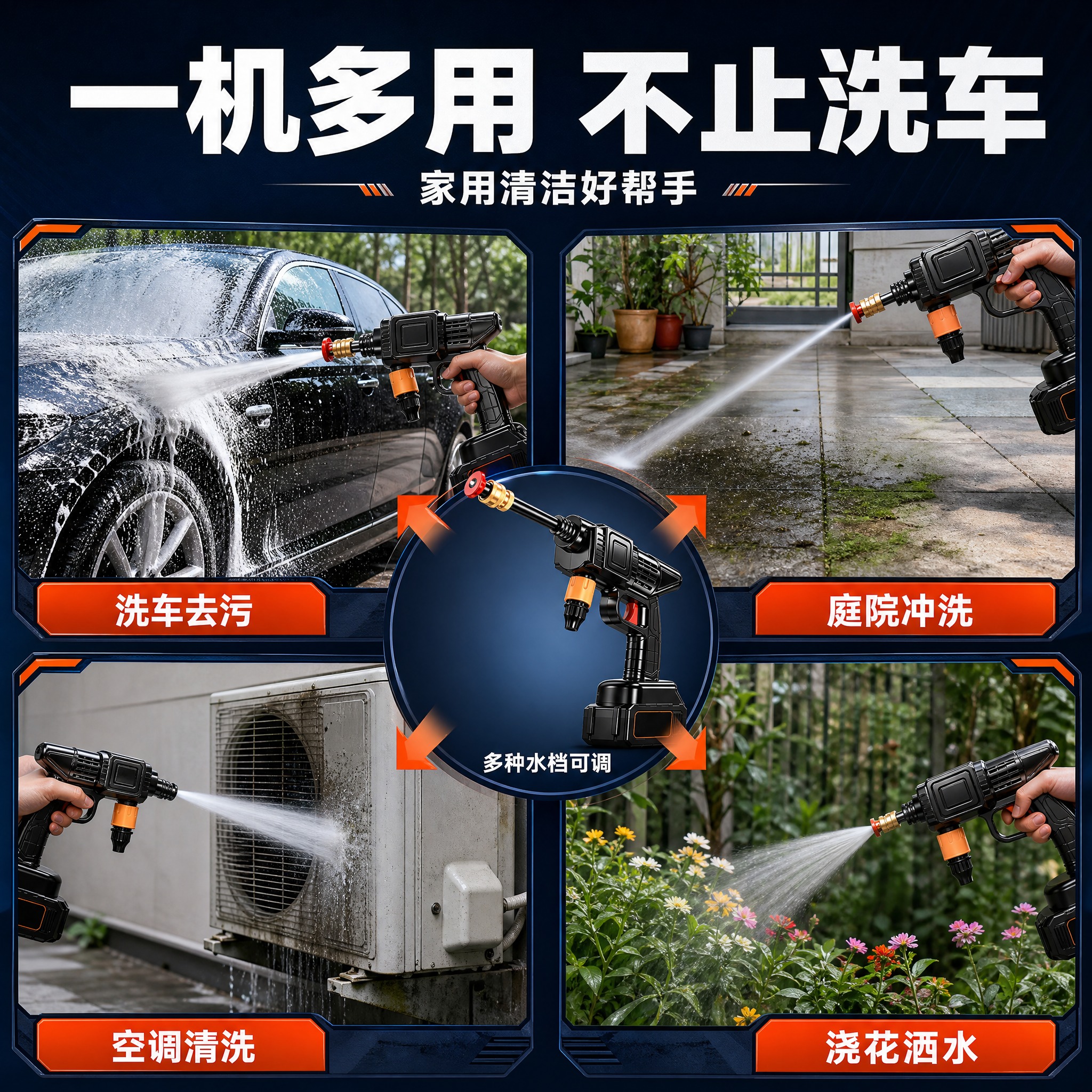 [主图-3] 无线高压洗车水枪多场景使用图，任务是展示产品适用… - 图片创意预览