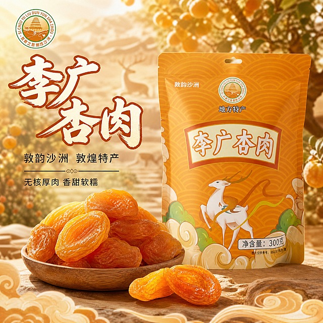 [主图-3] 李广杏肉敦煌特产首图，核心任务是突出敦煌地方特产属性与杏肉的食欲感、无核便利，吸引点击。
[统一基调] 国风敦煌风格，暖橙色主色调，搭配敦煌九色鹿元素与祥云水纹，传递地方特产的温暖香甜与品质感。标题字色为米白+橙红描边，粗笔刷书法字体，厚重有飞白；辅助文案用清爽黑体，字号明显小于主标题。整体视觉专业、品质、细节，符合淘宝/天猫平台调性。
[画面] 产品包装袋位于画面右侧居中，占比约55%，正面完整展示，角度微侧，包装袋外观、颜色、图案、文字与输入图完全一致。左侧为文案区，背景融入敦煌杏林与暖阳光斑的朦胧意境，前景摆放一个木质小碟，碟中盛放着色泽金黄的李广杏肉，杏肉饱满有光泽，旁边摆放掰开的杏肉展示细腻无核的果肉质感，营造真实食用场景。画面底部有轻柔的祥云纹样装饰。
[光影质感] 自然暖阳逆光，突出杏肉的通透感与包装袋的塑料哑光质感，产品底部有柔和的接触阴影，整体光线温暖柔和，拒绝生硬冷光。
[配色] 主色暖橙色，辅助色米白、浅金、深棕色，场景色为暖橙阳光色调，整体色调统一和谐。
[文字版式] 左上角放置品牌Logo圆形徽章（与产品包装一致）。左侧主标题大字："李广杏肉"，下方辅助文案："敦韵沙洲 敦煌特产"，再下方小字："无核厚肉 香甜软糯"。文字放在负空间，不遮挡产品主体，标题最大最粗，辅助文字缩小50%以上。
[输出要求] 1:1正方形，2048*2048分辨率，文字清晰可读，产品清晰完整，商业摄影质感。禁止变形、错字、模糊、杂乱、水印、平台Logo、绝对化用语。禁止产品外观与输入图不一致。