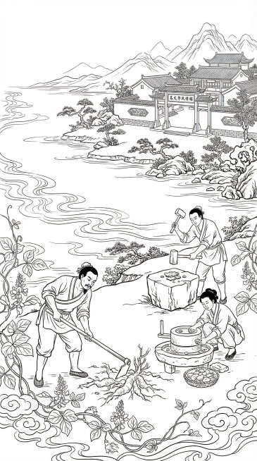 参考第一张图的传统白描线稿风格，细化第二张葛根粉包装竖版线稿插画草稿。内容：前景有古人拿锄头挖葛根，穿古代农活服装男士站着锤葛根，对面一人蹲着往石碾丢葛根；前景添加舒展造型的葛根藤、叶子，点缀葛根花和预览效果