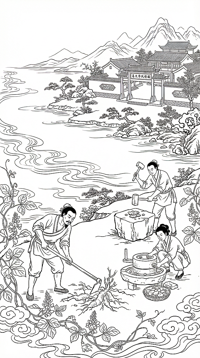 参考第一张图的传统白描线稿风格，细化第二张葛根粉包装竖版线稿插画草稿。内容：前景有古人拿锄头挖葛根，穿古代农活服装男士站着锤葛根，对面一人蹲着往石碾丢葛根；前景添加舒展造型的葛根藤、叶子，点缀葛根花和自然流畅线条的云；背景是葛文华风情园，水面用简约流畅波浪线点缀，水边有简约小树丛假山石造景，远景是山，近景有房子和水。整体充满生态感，体现葛根粉绿色生产过程和传统工艺，浓浓的历史年代感，线条精细，保持黑白线稿风格，竖版构图