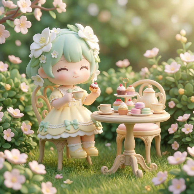 基于参考图中第二个穿浅黄色洛丽塔裙的IP形象，为它生成花园下午茶场景，保持IP形象不变，适配场景调整可爱动作表情，融合自然，泡泡玛特潮玩风格，3D立体Q版可爱，哑光树脂材质，OC渲染预览效果
