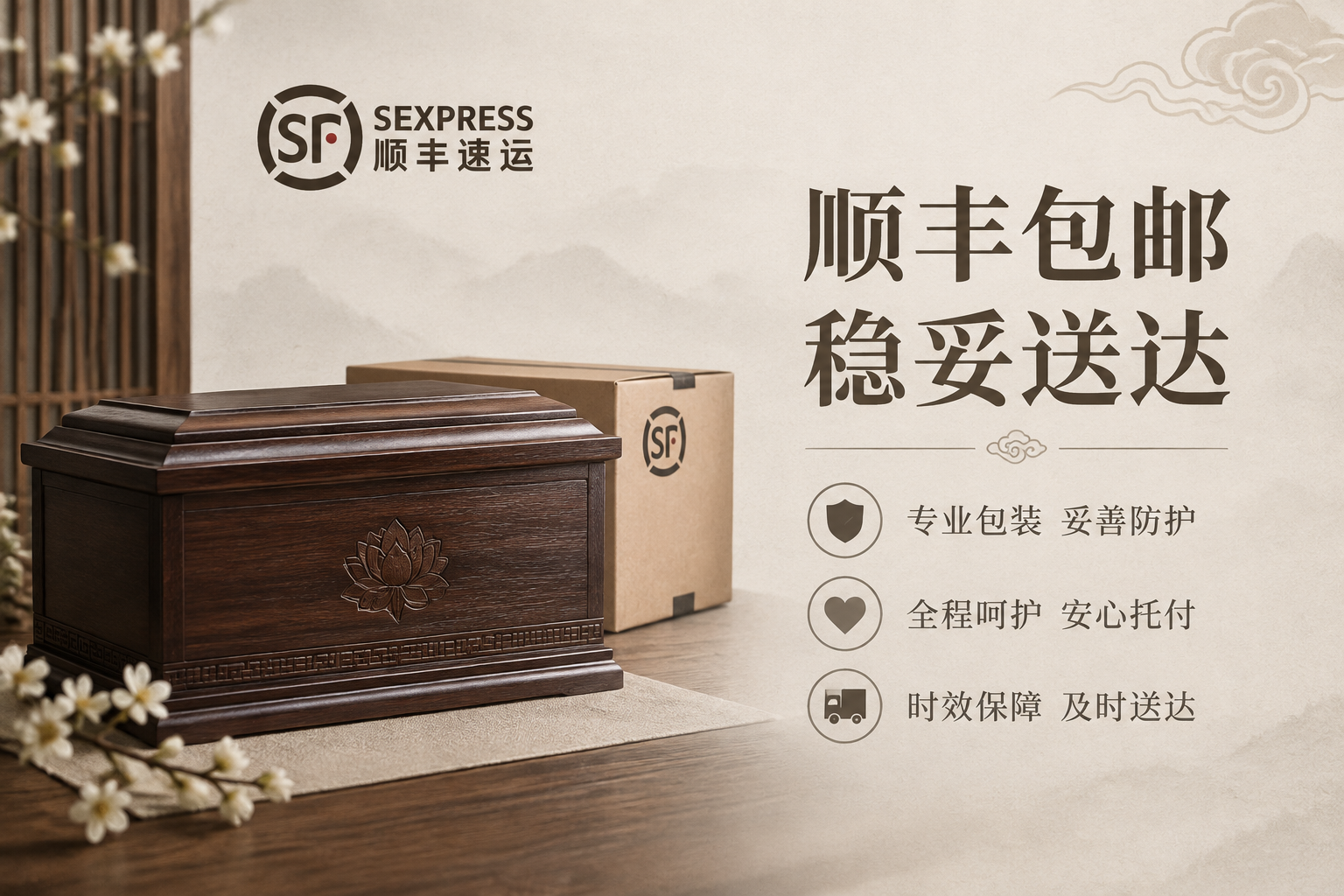 殡葬用品骨灰盒详情页的顺丰发货说明模块图，庄重素雅风格，沉稳克… - 图片创意预览