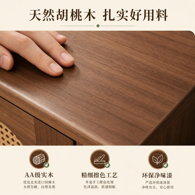 [第3屏] 材质工艺证明-胡桃木实木餐边柜材质展示页。本屏使用【图1】提取产品实木材质特征。
[氛围/风格] 真实材质特写展示，自然真实质感，专业细节呈现，简洁干净背景。
[元素布局] 上半部分为手部预览效果