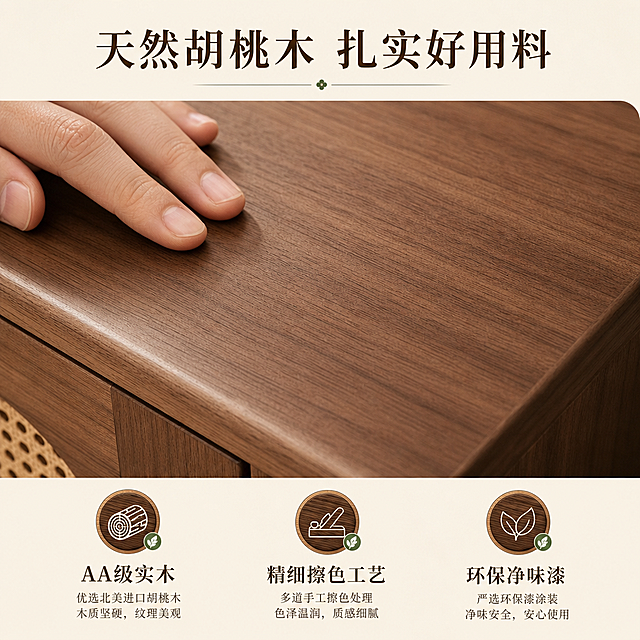 [第3屏] 材质工艺证明-胡桃木实木餐边柜材质展示页。本屏使用【图1】提取产品实木材质特征。
[氛围/风格] 真实材质特写展示，自然真实质感，专业细节呈现，简洁干净背景。
[元素布局] 上半部分为手部触摸胡桃木木纹微距特写，保留清晰原生木纹纹理，下半部分三个图标卖点标签；实木等级、做工工艺、环保漆料分别标注，产品材质特征与原图一致。
[光影质感] 侧光打亮，突显木纹肌理，光影层次清晰，细节锐利。
[配色色系] 全局底色 #F9F3E9，主色胡桃木深棕，辅助色浅米，图标深绿点缀。
[视角构图] 特写视角，主体木纹居中，信息分区清晰。
[文字版式] 顶部主标题「天然胡桃木 扎实好用料」，下方微距特写图，底部三个卖点标签「AA级实木」「精细擦色工艺」「环保净味漆」，每个标签搭配简约木质图标，文字清晰不拥挤。
[比例分辨率] 9:16竖版比例，4K分辨率，文字清晰可辨，高清画质。
[负向提示词] 木纹模糊，材质失真，变形错件，文字错乱，水印，背景杂乱