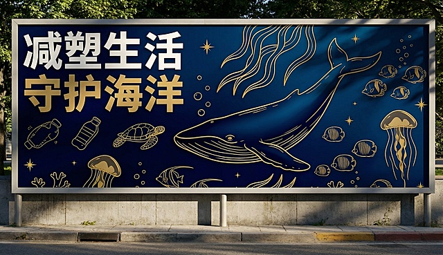 为路边广告牌添加自然光影效果，包括环境光投射的阴影、广告牌表面的明暗层次，提升画面真实感，保持原有蓝金配色和内容