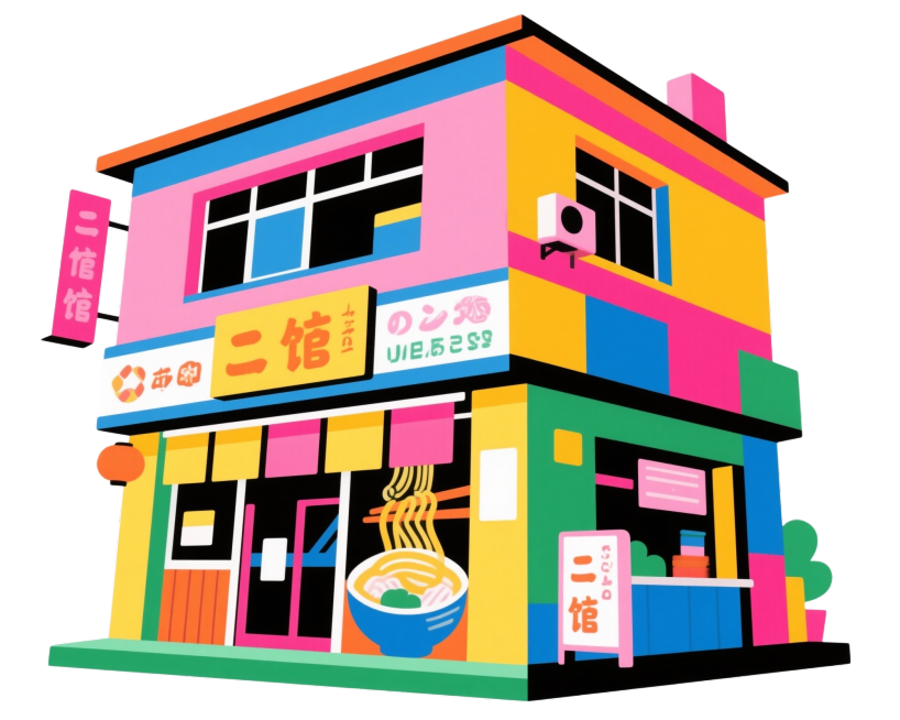 设计一个面馆，展示面馆外观全景，平面插画风格，白色背景。多巴胺颜色。预览效果