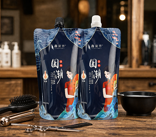 理发店专用鑫姿芳香染发膏，电商产品主图，展示染发膏整体包装放在木质理发店工作台上，搭配简约理发工具点缀，营造专业美发氛围，不添加功效性词汇