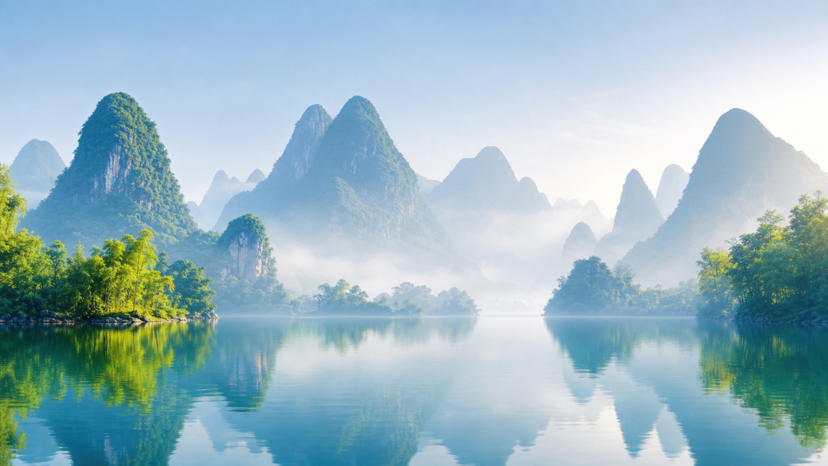 参考图片风格，重新生成桂林山水风景，清晨薄雾，青山绿水，平静湖面倒影，清新自然，可商用预览效果