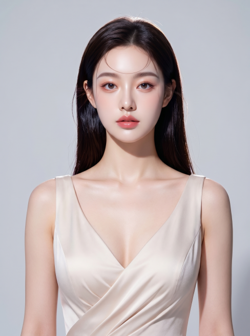 高质量AI生成女模特，保持参考图一模一样的姿态，半身构图，身着高级感晚礼服，韩式，25岁，年轻温婉气质，自然灵动表情，眼神直视镜头，肩背放松胸腔略打开，浅极简工作室纯色浅灰背景，主体背景对比明确，蝶形预览效果