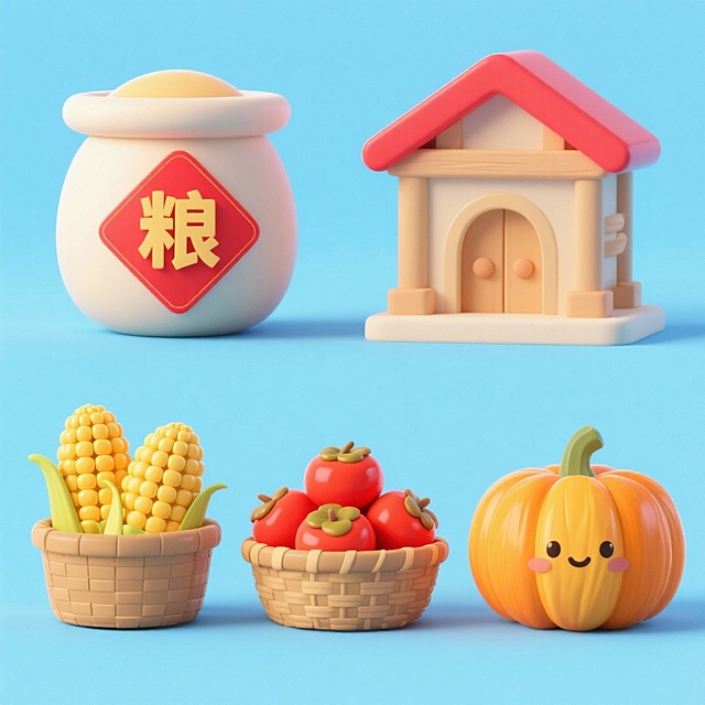 4个中秋素材组合，可爱电商促销感。素材包括：第一个粮仓（贴着带有 “粮” 字的红色菱形福字）；第二个一筐玉米；第三个一筐柿子；第四个南瓜。画面整体呈现鲜艳效果，淡蓝色背景。上下两行，排列整齐