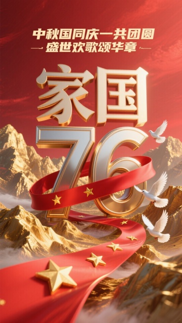 放大主标题：中秋国庆·双节献礼
副标题：家国同庆共团圆，盛世欢歌颂华章
在金色山脉之间：一条突出的动态感强的红色丝带（带面上悬浮着金色星星）贯穿画面并缠绕在双层包边的金属数字“76”间，两只白鸽飞过。预览效果