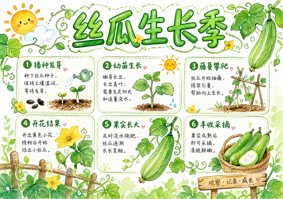 参考之前西红柿成长记手抄报的手绘水彩马克笔风格，制作丝瓜生长季手抄报，标题为"丝瓜生长季"，包含丝瓜生长阶段步骤说明，整体排版清新可爱，绿色清新装饰元素，水彩手绘风格，尺寸297*210预览效果