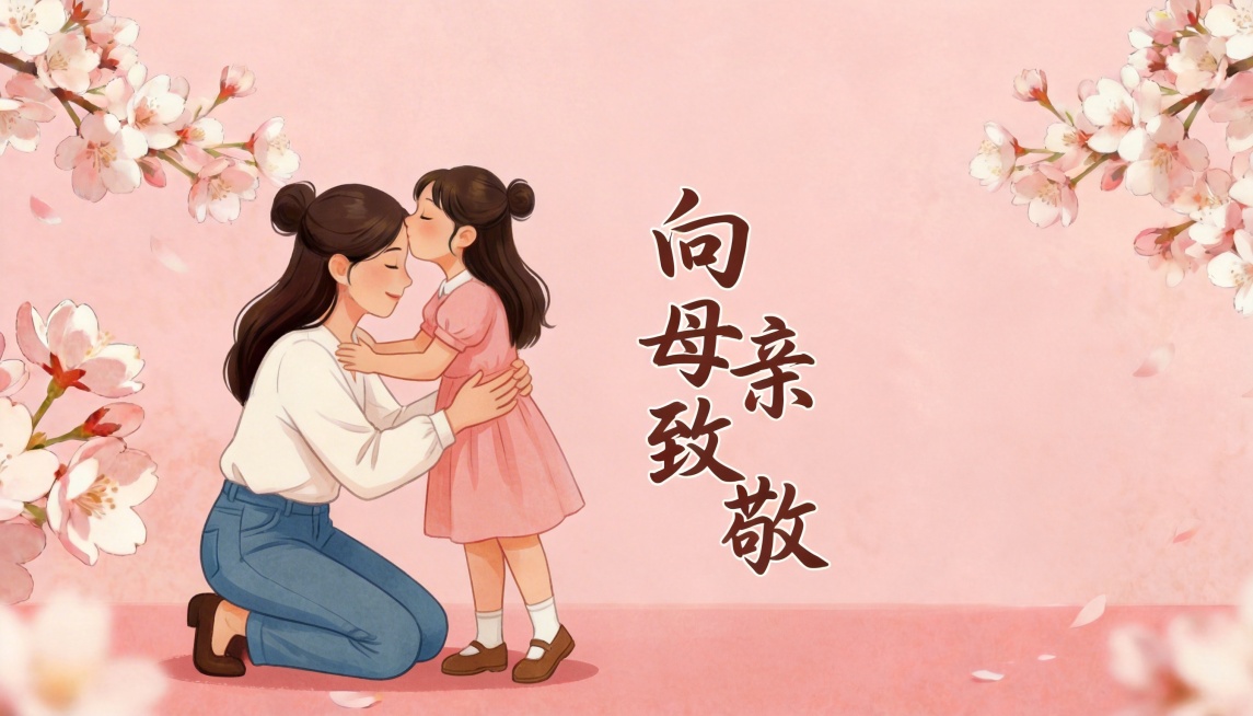 「图片1」背景可以，人物形象可以，字体可以，母女动作改成，母亲蹲下，其中一个膝盖跪地，女儿站立，女儿亲吻母亲额头，母亲双手紧搂着女儿的腰间。人物靠画面左边，字体放中间预览效果