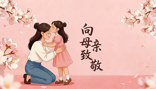 「图片1」背景可以，人物形象可以，字体可以，母女动作改成，母亲蹲下，其中一个膝盖跪地，女儿站立，女儿亲吻母亲额头，母亲双手紧搂着女儿的腰间。人物靠画面左边，字体放中间