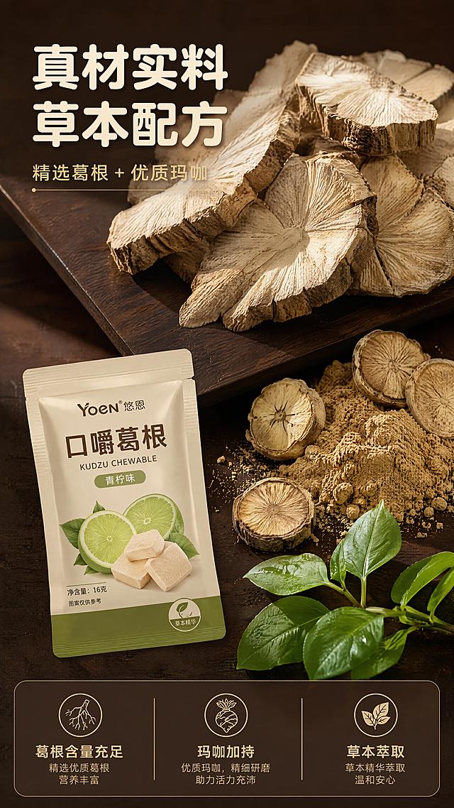 [第3屏] 成分原料专屏-葛根与玛咖原料微距展示。本屏为原料成分专屏，以原料实拍为主视觉，产品包装作辅助。
[氛围/风格] 天然草本质感，原料微距大片感，真实自然，高级食材摄影风格。
[元素布局] 画面上半部分为大片葛根切片堆叠特写，占屏约40%，纹理清晰可见；中间偏右位置散落玛咖片与玛咖粉，占屏约20%；下半部分左侧放置一小袋口嚼葛根（青柠味）作为产品露出，占比约25%；右下角有新鲜草本绿叶点缀；原料元素合计占主画面≥55%。
[光影质感] 侧上方自然光感，葛根切面有通透光泽，玛咖粉质感细腻，阴影柔和自然，整体真实有食欲。
[配色色系] 全局底色 #3A2A1F（深棕偏暖）；主色 葛根米白 #E8DCC8 + 玛咖棕 #A67C52；辅助色 草本绿 #6B8E23。
[视角构图] 俯视+平视结合的分层构图，阅读动线从上至下：葛根原料 → 玛咖原料 → 产品包装 → 底部文案。
[文字版式] 左上大标题「真材实料 草本配方」，字色米白，圆角粗黑体；下方副标题「精选葛根 + 优质玛咖」，字色浅金；底部横向信息条：左「葛根含量充足」中「玛咖加持」右「草本萃取」，三栏配小图标；字色与字形与首屏统一。
[比例分辨率] 9:16竖版比例，4K分辨率，文字清晰可辨。
[负向提示词] 原料失真，颜色偏差，水印，文字错乱，产品包装变形，背景杂乱。