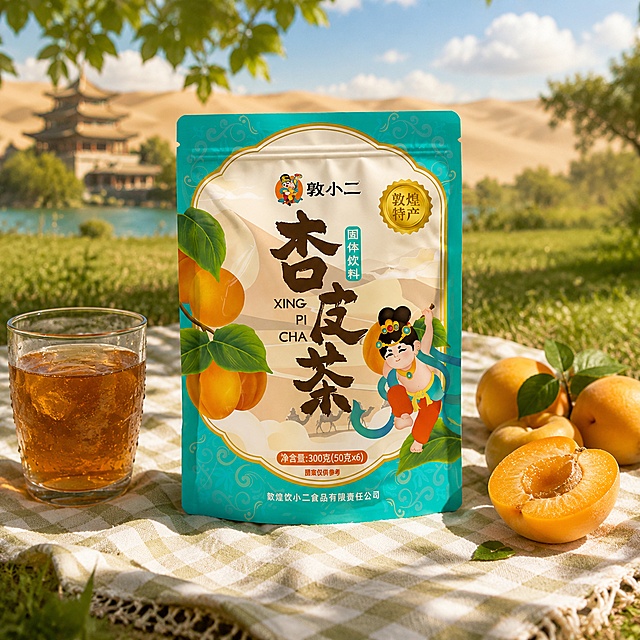 超写实食品场景摄影。
主体：杏皮茶包装袋严格参照上传产品图，完整保留所有可见组件、轮廓、结构、比例、材质、颜色与产品本体上的文字信息（logo/品牌名/产品名/净含量等），与上传图完全一致；自然融入场景光影，与场景共处同一物理空间。产品占画面约60%，完整不裁切，中景构图，背景无其他同类食品包装。
构图：45度俯拍，黄金分割构图。
风格：清爽夏日国风。
场景：户外野餐场景，敦煌沙漠绿洲风格的草地与远处沙丘，午后阳光。
环境材质：①包装袋下方，米白色格纹棉麻餐布，自然褶皱；②包装袋左侧，一只透明玻璃杯，杯中盛有琥珀色杏皮茶，杯壁挂有冷凝水珠；③包装袋右侧，几颗新鲜金黄杏子，带绿叶，其中一颗切开露出多汁果肉；④背景远处，隐约可见敦煌塔楼轮廓与蓝天白云。
动态生机：杯壁冷凝水珠，切开的杏子果肉饱满多汁，阳光透过树叶投下斑驳光影。
配色/材质：杏黄/青绿/米白/琥珀色；哑光塑料包装/玻璃/棉麻/鲜果/水珠。
光影：主光从右上方45度斜射，暖调夏日自然光，照亮包装袋正面与杯身，形成柔和阴影，整体明亮通透，无灰暗。
参数：4K 写实光追。严格锁定宽高比为 1:1。
