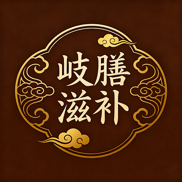 中式滋补品牌Logo，融合书法字体与祥云元素，主色调采用沉稳的深棕色搭配金色点缀，呈现传统与现代结合的风格，体现自然、养生、高品质的品牌调性，画面包含文字“岐膳滋补”