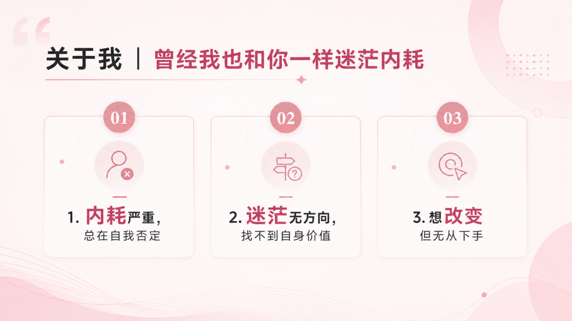 PPT内容页，主题二个人自我介绍，浅粉色简约背景，标题文字"关于我 | 曾经我也和你一样迷茫内耗"，正文包含三个核心痛点：1.内耗严重，总在自我否定；2.迷茫无方向，找不到自身价值；3.想改变但无从下预览效果