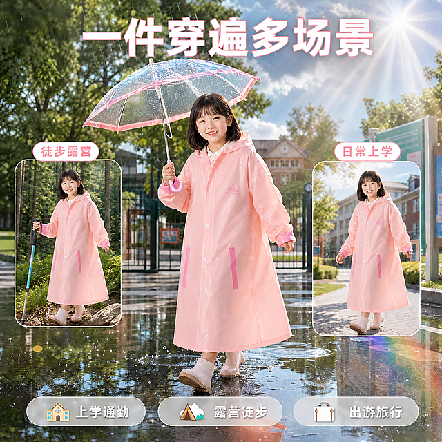 【主体保护指令】请保持参考图1中的【模特、背景、构图、文字排版、整体风格、雨衣款式颜色、雨伞、雨靴】完全一致，包括模特面部、发型、姿势、校园门口背景、顶部大标题、左右画中画小图、底部三个标签，均不做改动。仅去除书包带。

将主画面中模特肩膀上的粉色书包背带完全去除，雨衣肩部恢复平整，没有书包带的痕迹，雨衣通体书包位的背部隆起形态保持不变。左侧画中画小图（徒步露营）中模特肩膀上的粉色书包背带也同步去除，雨衣肩部平整。右侧画中画小图（日常上学）中模特肩膀上的粉色书包背带也同步去除，雨衣肩部平整。去除书包带后，雨衣肩部的面料纹理、褶皱、光影与周围区域自然衔接，浑然一体。

画面整体光影、色调、雨丝效果、水洼倒影均与原图保持一致。商业摄影质感，超高清，细节清晰。

画面禁止出现多余的手、多余的手指、畸形手、融合手指、手部扭曲、肢体穿模、人物面部扭曲、关节反折。