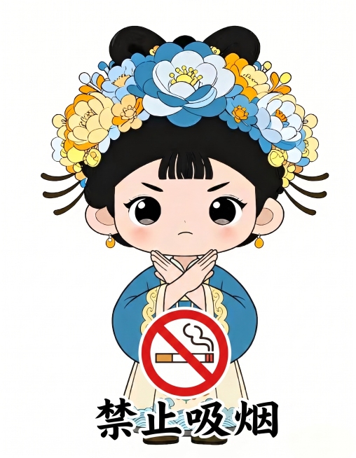 保留原图Q版卡通古风人物和头饰服装，修改人物动作，让人物双手交叉放在身前，做出禁止的手势，整体为禁止吸烟主题的插画，保持原有的插画风格，白色背景预览效果