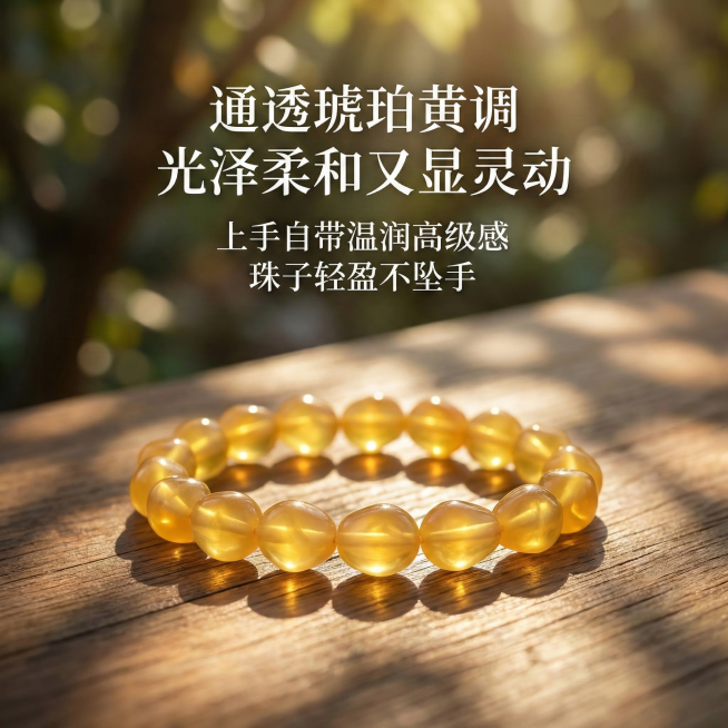 这张图片是产品主体这款产品是蜜蜡手串  我需要设计10张主图在拼多多上面售卖   主图设计整体显得高级一些  主图文案内容   通透琥珀黄调 光泽柔和又显灵动 上手自带温润高级感 珠子轻盈不坠手预览效果