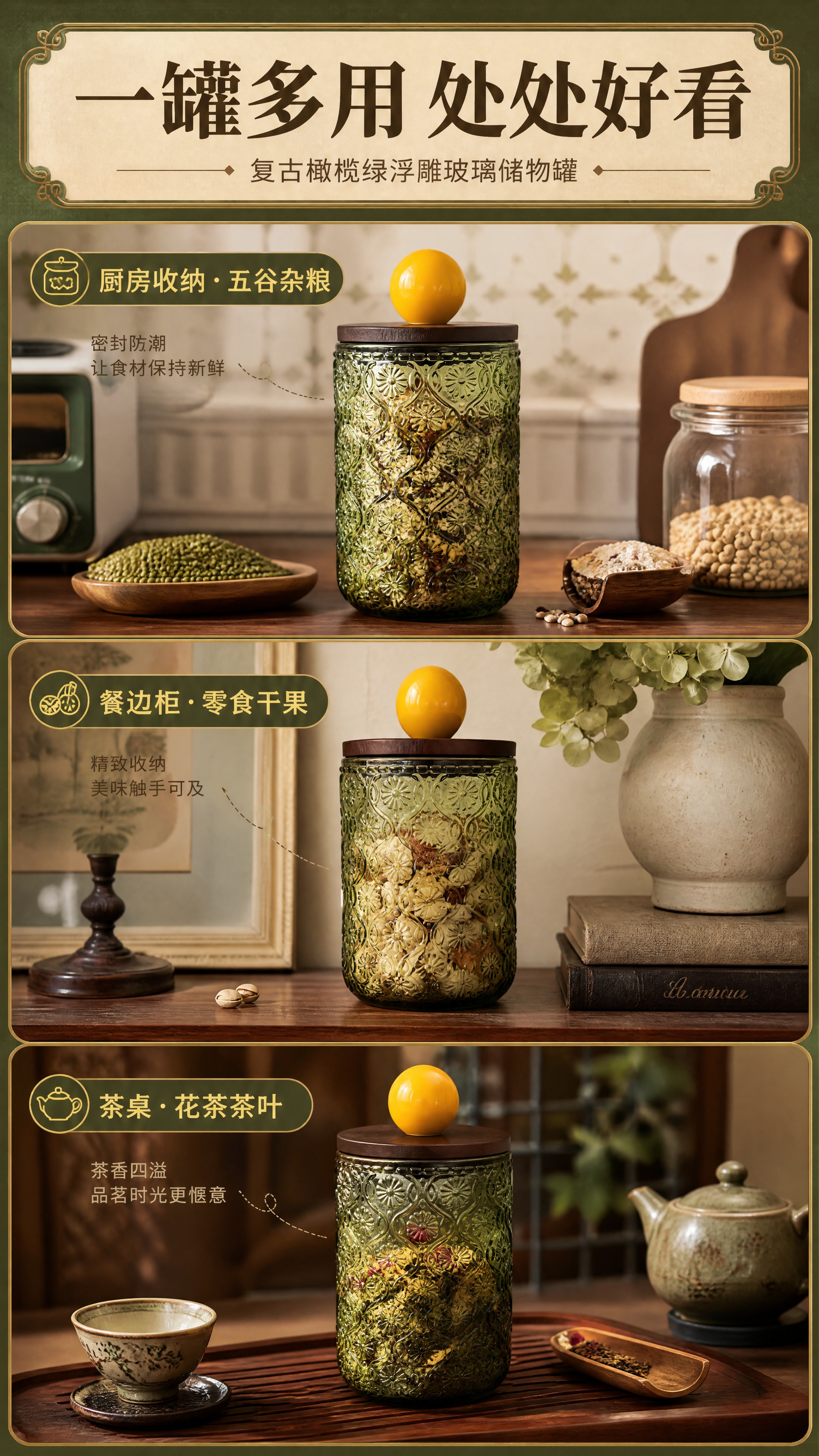 [商品] 使用【图1】复古橄榄绿浮雕玻璃储物罐；保留全部结构、… - 图片创意预览