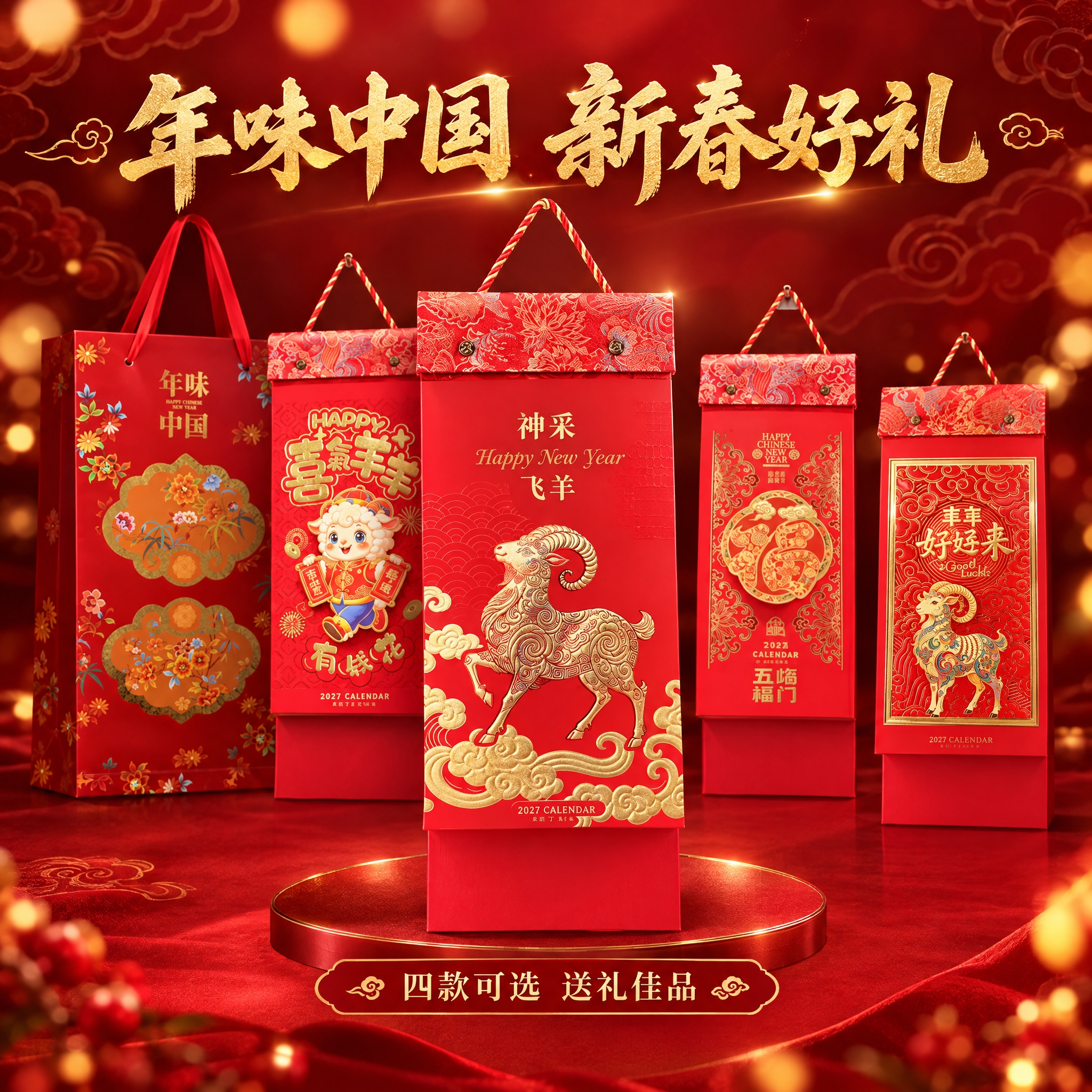 四款挂历+年味中国礼袋组合图，淘宝主图规格高清图。神采飞羊款挂… - 图片创意预览