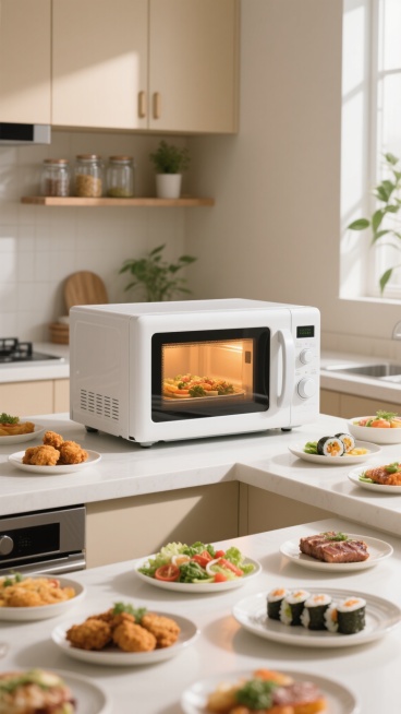 一个简洁现代风格的白色微波炉放置在明亮整洁的厨房台面上，台面为光滑的白色，周围摆放着多盘精致美食，包括炸鸡块、蔬菜沙拉、烤肉和寿司卷，微波炉内透出食物加热的温暖光芒，背景是浅米色的橱柜和开放式搁板，搁板上有透明玻璃罐和绿色植物，柔和的自然光从左侧洒入，形成温暖的光影效果，整体氛围温馨舒适，展现出便捷的现代厨房生活方式。预览效果