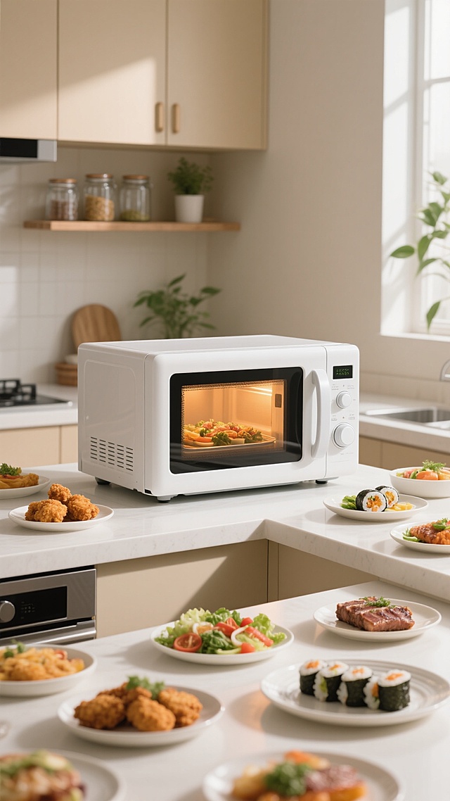 一个简洁现代风格的白色微波炉放置在明亮整洁的厨房台面上，台面为光滑的白色，周围摆放着多盘精致美食，包括炸鸡块、蔬菜沙拉、烤肉和寿司卷，微波炉内透出食物加热的温暖光芒，背景是浅米色的橱柜和开放式搁板，搁板上有透明玻璃罐和绿色植物，柔和的自然光从左侧洒入，形成温暖的光影效果，整体氛围温馨舒适，展现出便捷的现代厨房生活方式。