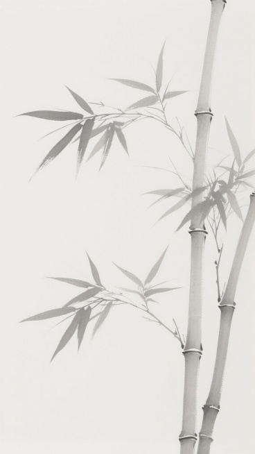 水墨风格竹子插画，以淡墨勾勒竹枝与竹叶轮廓，线条流畅简练，竹叶呈不同角度舒展，竹节分明，整体画面清雅空灵，留白充足，展现竹子的挺拔与气节，色调为单一浅灰色，背景纯净白色，营造出简约古朴的东方意境。预览效果