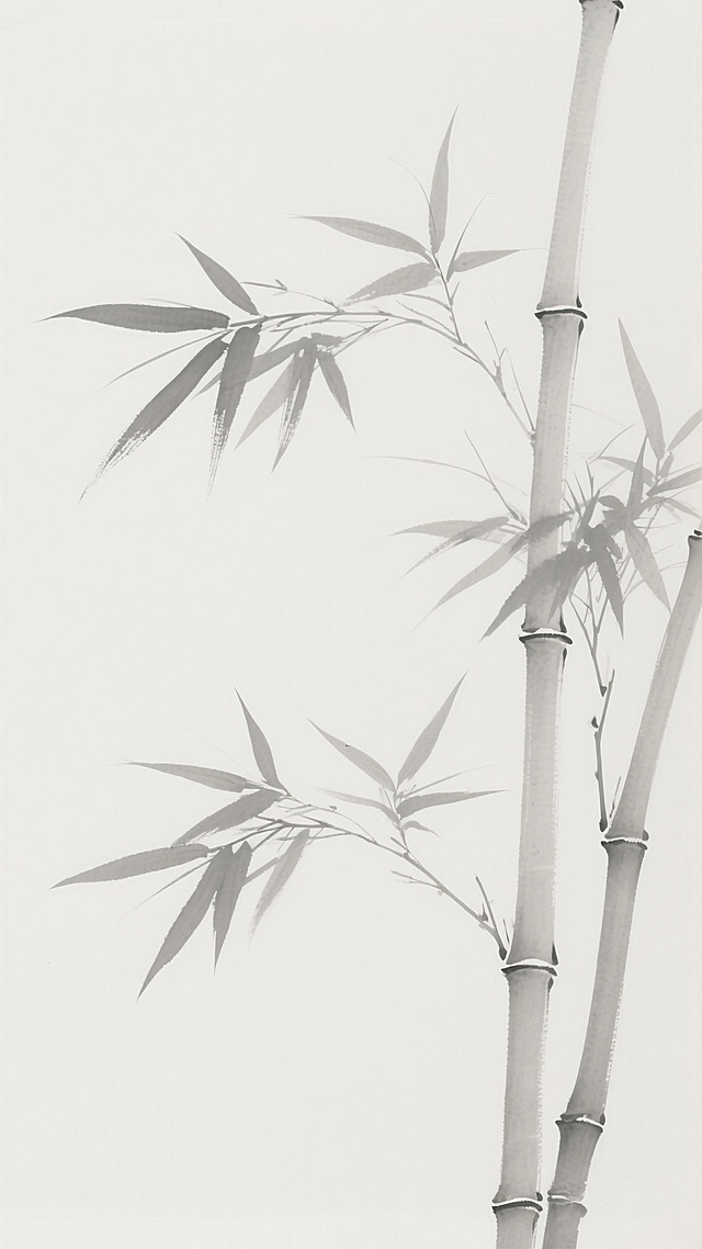 水墨风格竹子插画，以淡墨勾勒竹枝与竹叶轮廓，线条流畅简练，竹叶呈不同角度舒展，竹节分明，整体画面清雅空灵，留白充足，展现竹子的挺拔与气节，色调为单一浅灰色，背景纯净白色，营造出简约古朴的东方意境。
