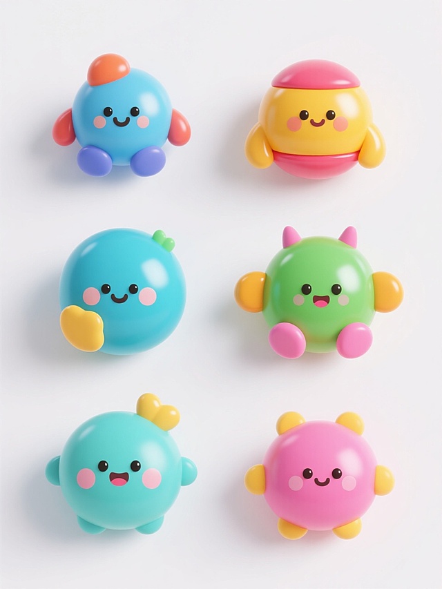 3D风格，6个不同配色、不同样式、不同材质的卡通趣味元素，每个元素都具有圆润可爱的造型，明亮鲜艳的色彩搭配，部分元素带有光滑的塑料质感和柔和的高光，整体呈现出活泼欢快的氛围，白色背景，元素排列整齐有序，构图均衡，视觉层级清晰，信息传达高效，符合儿童或年轻受众的审美，充满设计感。