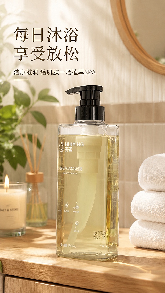 [第6屏] 详情页日常场景种草屏-卉英东方乌木沐浴露使用场景。本屏使用【图6】作为产品展示。
[氛围/风格] 温馨舒适浴室场景，自然氛围感，真实生活感，商业摄影质感
[元素布局] 产品放置在浴室浅原木洗手台面上，背景搭配毛巾、香薰蜡烛、绿植装饰，营造干净整洁的沐浴场景，产品占比约45%，保留产品外观和原图完全一致
[光影质感] 浴室柔和自然光，整体明亮通透，产品边缘有自然阴影，层次感丰富
[配色色系] 全局底色浅原木暖调，主色米白色+原木浅黄，辅助色绿色植物点缀
[视角构图] 中心构图，产品在画面中下部，背景场景延伸，阅读动线自然
[文字版式] 左上角主标题「每日沐浴 享受放松」，副标题「洁净滋润 给肌肤一场植萃SPA」，文字浅色背景不遮挡主体，大小适合移动端阅读
[比例分辨率] 9:16竖版比例，宽度1080px，高度1920px，4K分辨率，高清画质，文字清晰
[负向提示词] 产品变形，背景杂乱，文字遮挡产品，颜色偏差，包装文字模糊