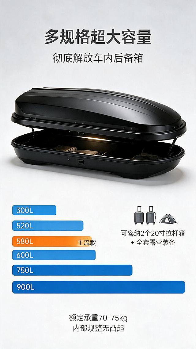 [第5屏] 超大容量展示-多规格容积与内部装载能力。本屏使用【图4】箱体正面角度作为主体，保持产品正面外观、锁扣位置、筋条结构与原图一致。
[氛围/风格] 空间展示风，开阔通透，家庭自驾温馨感，商业摄影质感。
[元素布局] 车顶行李箱正面置于画面上半部分，箱盖半开状态，内部可见收纳物品示意；下半部分展示容量规格对比条：300L/520L/580L/600L/750L/900L，用不同长度色块表示；右下角有装载示意：2个20寸拉杆箱+露营装备图标；背景为浅灰渐变，干净明亮。
[光影质感] 顶部柔光均匀照明，箱体内有内部补光，整体明亮通透，箱体边缘有清晰轮廓光。
[配色色系] 全局底色 #F5F6F8 浅灰白；主色哑光黑箱体；辅助色深灰文字、橙色高亮580L主流款、蓝色容量条。
[视角构图] 正面微俯视，产品居上，容量信息居下，阅读动线顶部标题 → 中部开箱产品 → 底部容量规格条。
[文字版式] 顶部居中主标题「多规格超大容量」，副标题「彻底解放车内后备箱」；容量规格条中580L标注「主流款」并高亮；右侧文字说明：「可容纳2个20寸拉杆箱 + 全套露营装备」；底部标注「额定承重70-75kg」「内部规整无凸起」；文字清晰，移动端可读。
[比例分辨率] 9:16 竖版比例，1K分辨率，文字清晰可辨，高清画质。
[负向提示词] 箱体变形，锁扣位置错误，颜色偏差，水印，文字错乱，容量条模糊，背景杂乱。