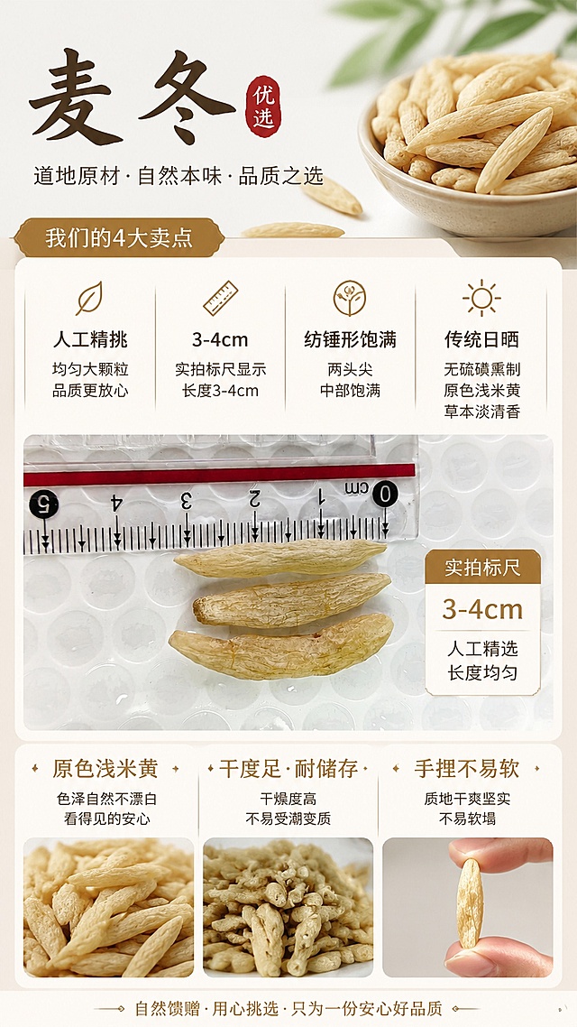「图片1」「图片1」「图片1」「图片1」，生成详情页，商品名称为无硫饱满麦冬干货 日常润养药食同源食材
副标题
人工精挑大条足干麦门冬，泡水、煲汤、煮雪梨百搭，卖点人工精挑，均匀大颗粒
实拍标尺可见单根长度 3-4cm，纺锤形两头尖、中部饱满，剔除碎条、瘪粒、黑条，每一根完整厚实，纹路自然清晰。
传统日晒，无硫磺熏制
拒绝硫磺漂白锁色，原色浅米黄，表皮天然褶皱；硫熏麦冬发白刺鼻，本店麦冬自带草本淡清香，泡水无酸味，吃着放心。
干度足，耐储存
足干手捏不易软，无潮湿黏手情况，密封存放不易返潮生虫，家用囤货、店铺商用都合适。麦冬适合什么人？
经常熬夜、口干舌燥、咽喉干痒，说话多的老师 / 主播 / 销售
秋冬换季干燥、喝水依旧不解渴，容易干咳少痰
爱吃辛辣烧烤、上火燥热，皮肤干燥暗沉
中老年日常养阴，搭配煲汤、煮养生茶，三：3 种家常食用方法
① 麦冬润嗓养生茶（日常泡水）
麦冬 6-10 粒 + 玉竹 + 枸杞，85℃热水焖泡 10 分钟，反复续水，全天代茶饮，缓解嗓子干哑。
② 清润雪梨汤（秋冬润燥）
雪梨去核切块，麦冬 10g、百合少许，清水炖煮 30 分钟，少冰糖调味，全家老少都能喝。
③ 滋补煲汤（炖鸡 / 排骨）
炖鸡汤、老鸭汤、排骨汤时抓一把麦冬，中和肉类燥热，汤品清甜不腻，养阴不伤胃。
搭配公式（爆款组合）
麦冬 + 玉竹：润燥补水
麦冬 + 沙参：润肺止咳，四：品质对比・避坑指南
表格
本店无硫川麦冬	市面劣质硫熏麦冬
天然浅米黄，深浅略有差异	惨白发亮，颜色统一均匀
草本淡清香，泡水微甜	酸味、刺鼻硫磺味
肉质饱满，断面发白有粘性	干瘪空心，泡水发酸发苦
自然晾晒，无化学加工	硫磺熏制增重、防腐
模块五：源头工艺，层层把关
田间采挖：成熟麦冬采挖，去除泥土须根
清洗晾晒：清水冲净，露天自然风干，拒绝烘干速成
人工分拣：三道人工筛拣，去掉碎条、坏果、细小草根
密封分装：真空 / 自封袋包装，隔绝潮气，锁住原香
模块六：售后 & 仓储说明
✅ 实物实拍：所有图片店内实拍，不美化不调色，收到和图片一致
✅ 足称足量：称重发货，无碎末掺假，坏果瘪粒占比极少
✅ 储存建议：密封放阴凉干燥处，长期保存可冷藏
✅ 温馨提示：本品为药食同源食材，不能替代药物；孕期、服药人群食用前咨询医师，适配淘宝/天猫平台，单图比例为9:16，需求屏数为5张。