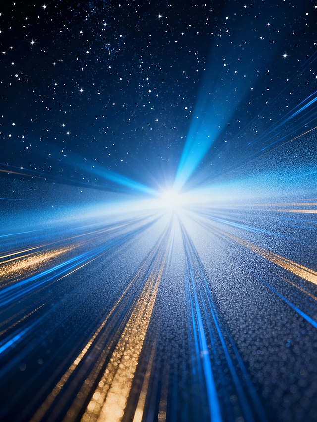 深蓝色宇宙背景，无数细小白色星点散布其中，中央有强烈的明亮光芒向外辐射，形成蓝白渐变的光束，周围环绕着蓝色和金色的动感光线轨迹，呈现出高速运动的宇宙穿梭感，整体画面融入磨砂玻璃材质，光线透过玻璃产生柔和的漫反射效果，深邃神秘的氛围与动感光影交织，同时带有细腻的磨砂质感，光线轨迹清晰，光芒辐射自然，色彩过渡和谐，星点分布均匀。